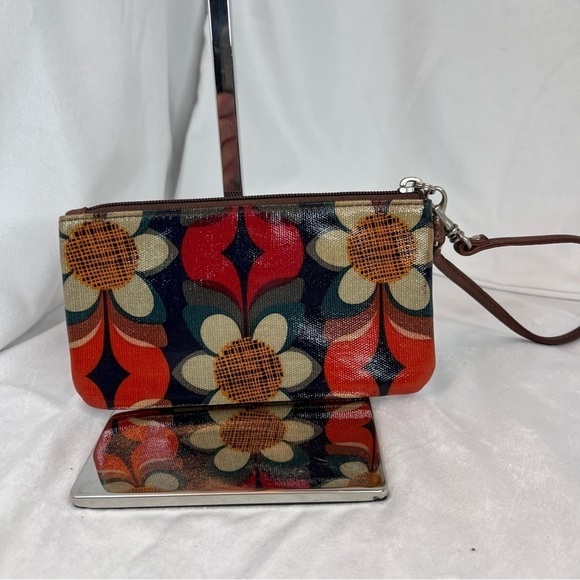 Fossil Wristlet Key-Per Vintage Boho Daisy Floral Print Leather Trim 7x4 - Picture 4 of 8